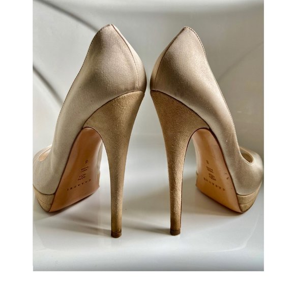 Casadei Champagne Satin Platform Peep Toe Pumps - Picture 5 of 9